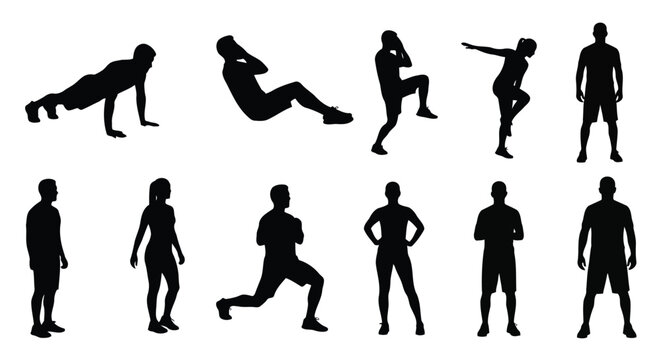 Fitness exercise people silhouettes in various poses on white background