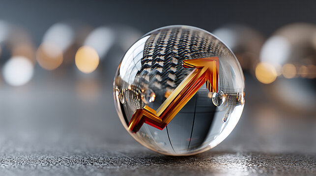 Crystal ball reflecting upward arrow forecasting prediction future growth strategy concept, 3d render illustration