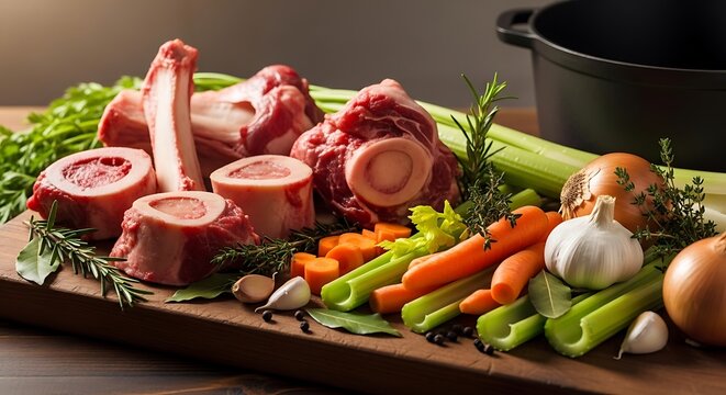 Fresh beef marrow bones and vegetables for homemade broth