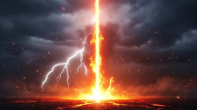 Dramatic volcanic eruption with lightning storm.