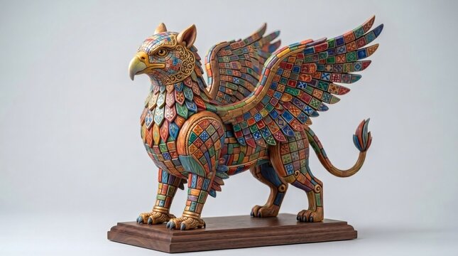 An intricately detailed mythical griffin sculpture featuring a colorful mosaic patchwork body and wings, standing majestically on a polished wooden display plinth against a neutral background.