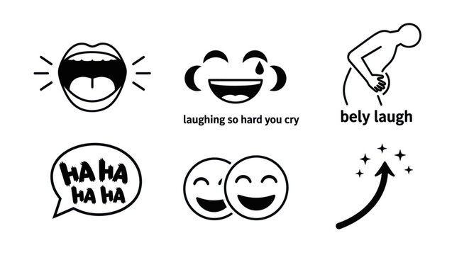 Illustration of laughing emojis and expressions in a joyful scene with happy faces and speech bubbles.