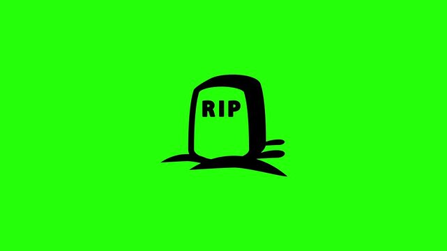 Premium 4K motion graphic of a classic stone graveyard tombstone with RIP text silhouette bouncing. Clean asset for death memory memorial layout site.