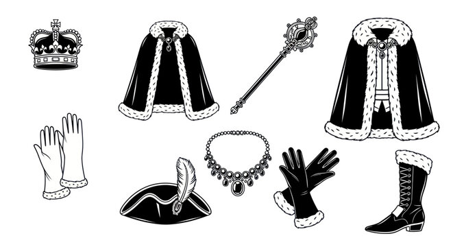 Regal attire and accessories laid out for a royal ceremony indoors.