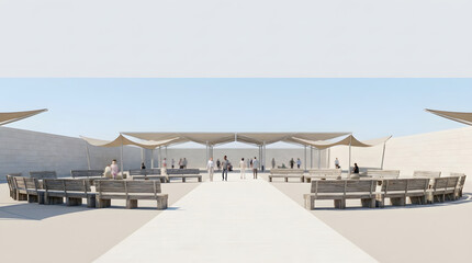 Fototapeta premium Minimalist outdoor courtyard with timber benches and a shaded pavilion. People gather along a central walkway between low walls under a bright sky.
