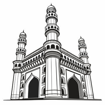 Minimalist black and white line art drawing of charminar landmark with charminar monument landmark