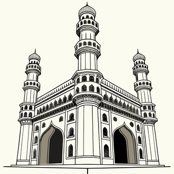 Line drawing illustration of the charminar monument in india with charminar hyderabad monument