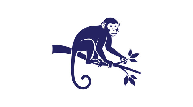 Minimalist blue ink graphic of a monkey sitting on a tree branch with wildlife silhouette illustration minimalist creature tropical climbing environment isolated background portrait