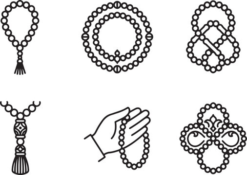 Islamic tasbih rosary beads and spiritual prayer malas line art vector icons set