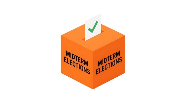 An orange ballot box with 'MIDTERM ELECTIONS' text and a ballot paper with a green checkmark, symbolizing voting and democratic process.