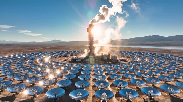 Vast solar power plant with circular array of mirrors focusing sunlight onto central tower, generating clean energy in a desert landscape, bright sun and steam plume