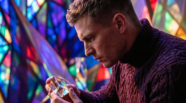 A side profile portrait of a focused man in a cable-knit sweater studying a small reflective glass prism against a colorful stained-glass backdrop.
