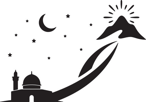 Islamic Ramadan Hira cave revelation mount and Al-Aqsa mosque dome silhouette vector illustration