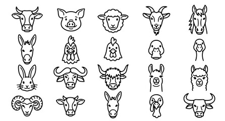 Fototapeta premium Livestock and Farm Animal Faces Black White Outline Icon Vector Set