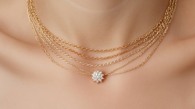 Luxurious multi-layered gold necklace featuring a sparkling diamond floral pendant elegantly adorning a woman's d&eacute;colletage, symbolizing grace and sophistication