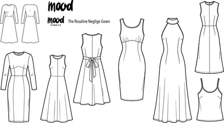 Fashion technical flat sketch vector collection showing multiple women dress styles gowns and garment © Md Atiar Rahman