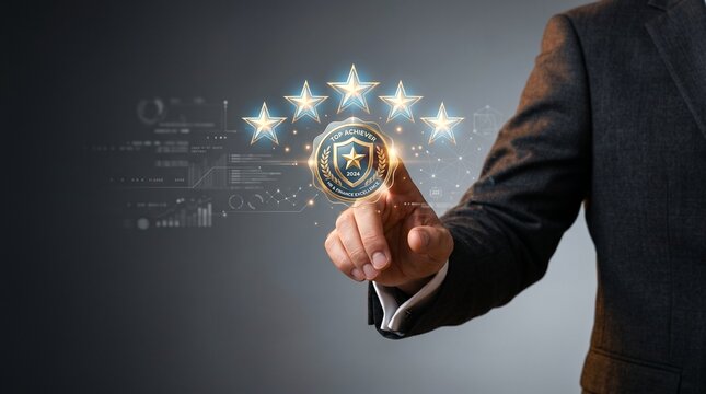 Businessman touching a virtual 5star rating and top achiever 2024 award badge for excellence in hr and finance business performance