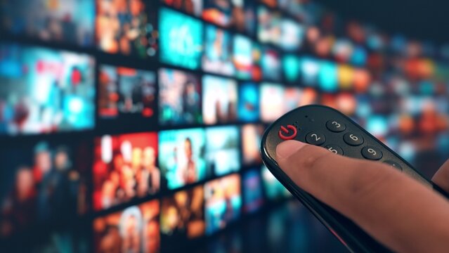Controlling a big-screen TV with a remote invites users to explore a universe of movies at home, highlighting media accessibility, digital choice, smart device integration, and immersive leisure time.
