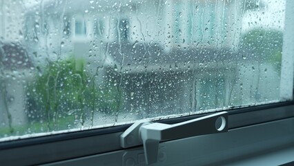 A window stands firm against heavy rain, demonstrating reliable weatherproofing. This highlights home safety, modern building materials, resilience to extreme weather, and peace of mind.  © Punyawee