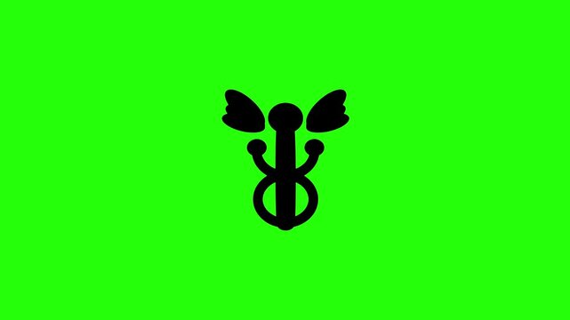 High definition 4K clip of the traditional caduceus wing staff with double snakes silhouette bouncing cleanly. Tactical popup international pharmacy icon.