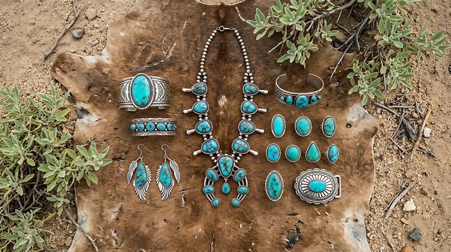Southwestern turquoise and silver jewelry on a rustic animal hide
