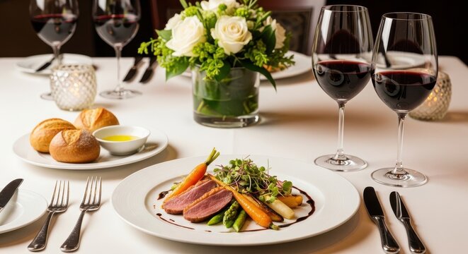 Gourmet duck breast dinner with wine and flowers
