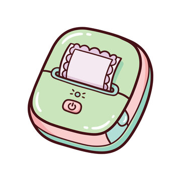Cute green printer with pink accents printing a receipt while showing a power button and status lights