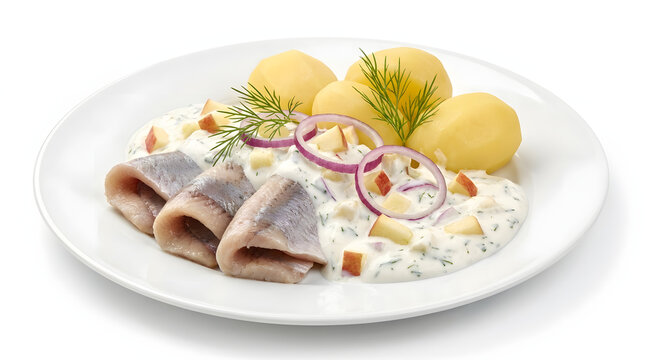 Traditional German Matjes soused herring fillets with boiled potatoes and creamy yogurt-dill sauce, isolated on a pure white background