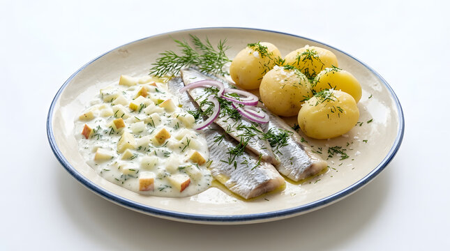Traditional German Matjes soused herring fillets with boiled potatoes and creamy yogurt-dill sauce, isolated on a pure white background