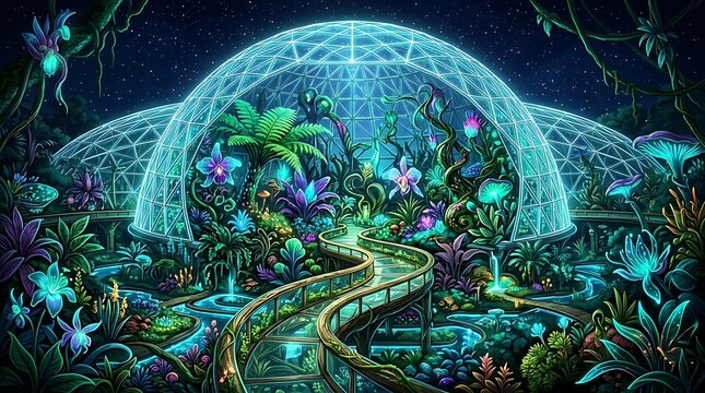 Futuristic bioluminescent botanical garden inside a glass dome at night