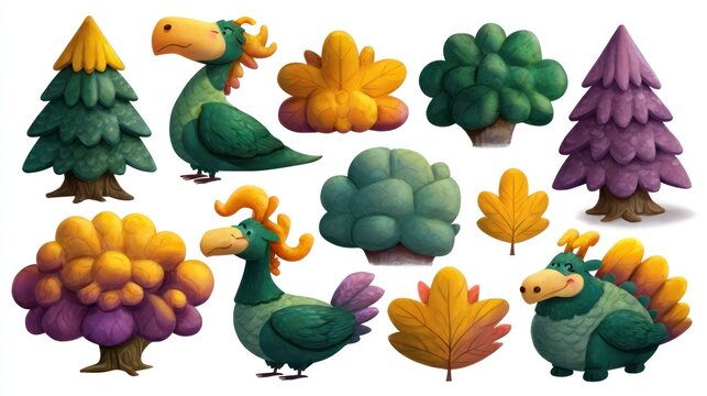 Collection of whimsical fantasy flora and friendly mythical creature illustrations against a white background