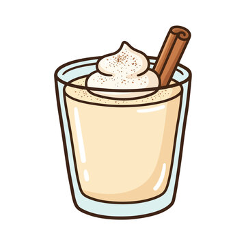 Creamy eggnog with whipped cream and cinnamon stick served in a glass for a festive holiday drink