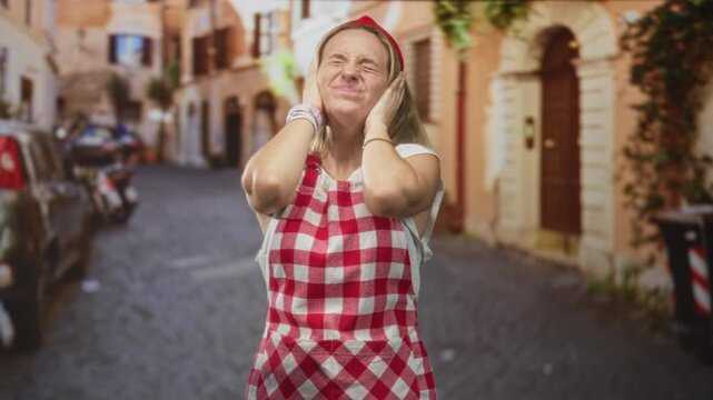 Woman chef wearing red check apron covers ears with hands on a street lined with buildings; sensory overload discomfort.