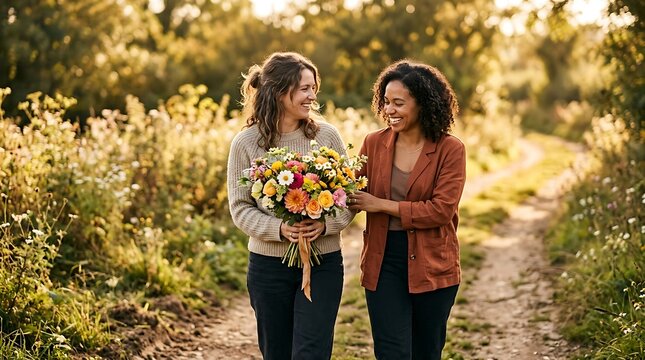 Two women walking on a dirt path holding a bouquet of flowers and smiling
