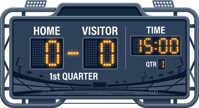 Digital stadium scoreboard showing zero score in the first quarter with scoreboard football competition tournament electronic countdown information broadcast background