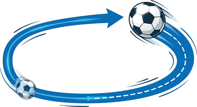 Soccer ball moving along a circular blue arrow trajectory path with football trajectory circular movement direction rotation illustration isolated background exercise