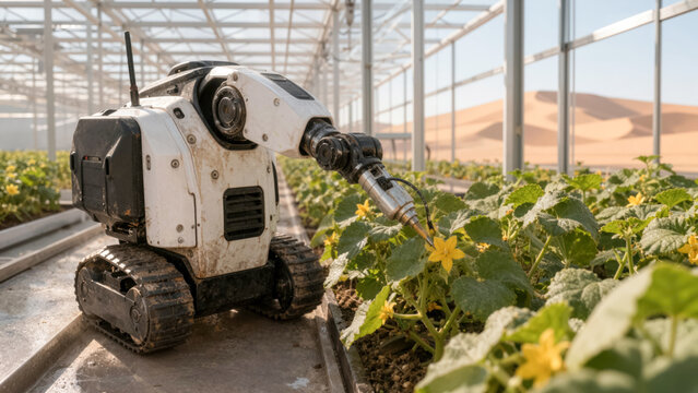 Weather resistant pollination robot working in high tech desert greenhouse with sand dunes background view