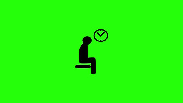 4K resolution video of a patient sitting on a hospital queue bench with a wall clock silhouette bouncing into view. Perfect medical registration desk web icon.