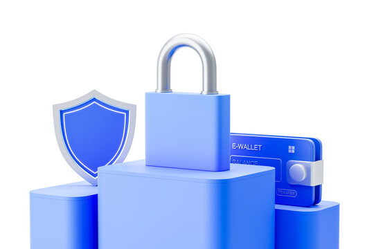 Padlock, shield and e-wallet in minimal style on white background showing concept of secure payments, privacy and data protection 3D Rendering