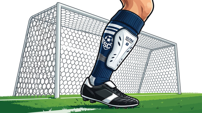 Close up view of a soccer player shin guard and shoe on pitch with soccer ball football protection equipment training exercise competition defensive goalkeeper footwear