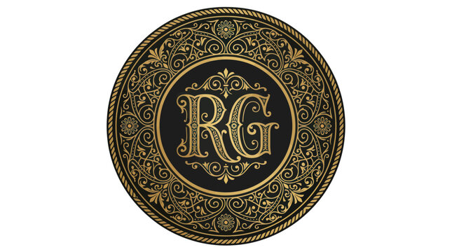 Ornate RG Monogram Emblem, Vintage Decorative Circle Logo, Luxury Gold Design