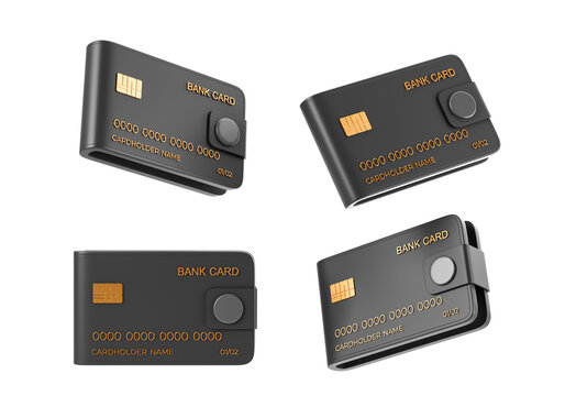 Set of dark card-shaped wallets displayed in multiple angles in realistic style isolated on white background, concept of finance security. 3D Rendering