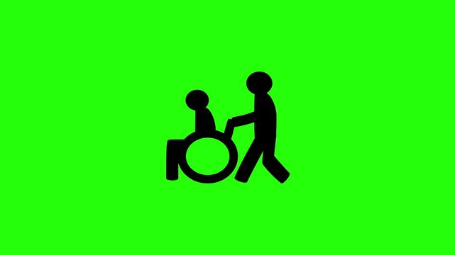 Clean 4K horizontal video showing a medical nurse pushing an invalid disabled patient on a transport wheelchair silhouette bouncing. High quality mobility care asset.