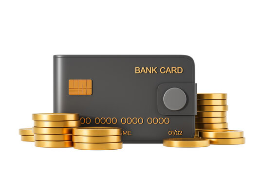 Bank card and wallet with gold coins shown in clean modern style on white background, concept of finance and savings, 3D Rendering