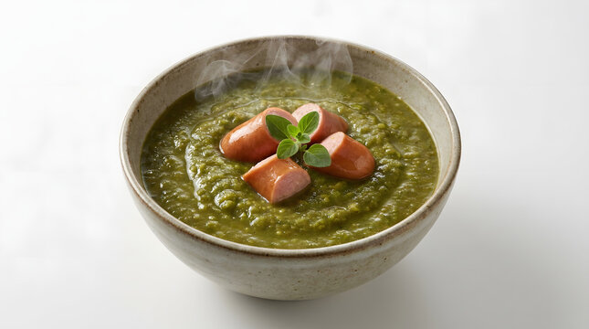 Hearty bowl of traditional German Erbsensuppe thick green split pea soup with sausage slices, isolated on pure white