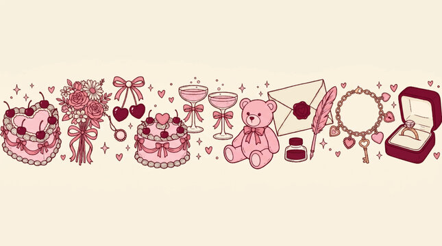 Cute hand drawn romantic Valentine's Day and engagement border composition with pink doodle icons, vintage heart cherry cake, engagement ring box, rose bouquet, teddy bear, and love letter illustratio