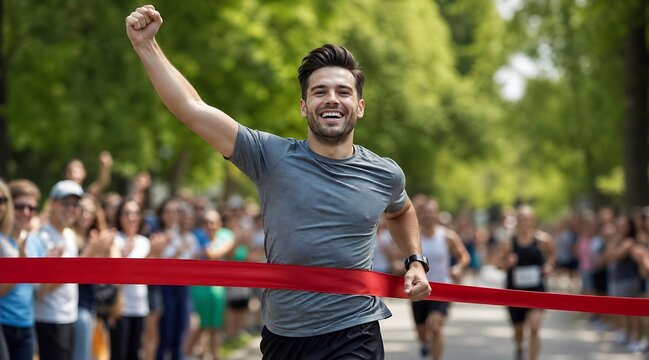 Male Runner Crossing Finish Line Winning Marathon Race Celebration