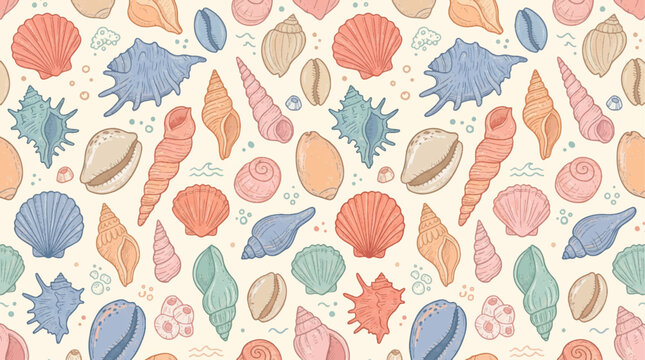 Cute hand drawn seashell seamless pattern with colorful marine doodle icons, scallop shells, conch, starfish, and ocean beach conchology wallpaper illustration.