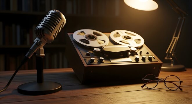 A cinematic high-tension wide shot focusing on a professional recording studio setup with a microphone, tape recorder, and glasses on a wooden desk.