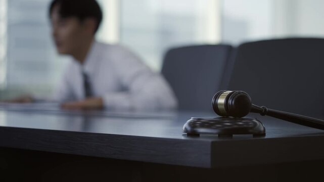 Gavel on a dark table with a blurred lawyer or businessman in the background, symbolizing justice, law, and important decisions in a professional setting.